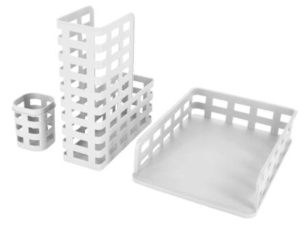 Kontorsett med dokumentordner, penneholder og brevkurv