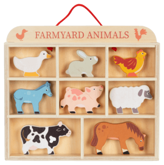 Lekesett med gårdsdyr i tre med hylle, fra 3 år