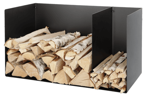 Lav vedholder med 2 rom i svart stål, til innendørs bruk, 39 x 70 cm