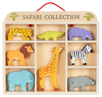 Lekesett med safaridyr i tre med hylle, fra 3 år