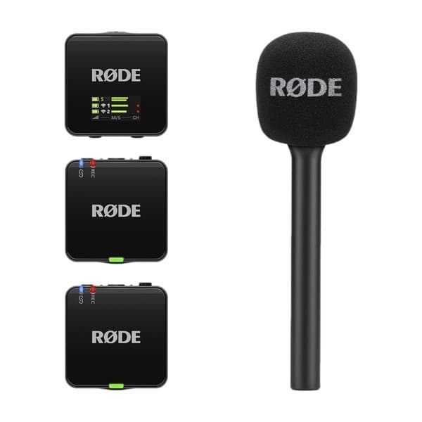 RØDE Wireless GO Gen3 trådløst mikrofonsystem (2 TX + 1 RX) + Interview Go håndholdt adapter, svart (Byttet innen 60 dager - produktet er brukt)